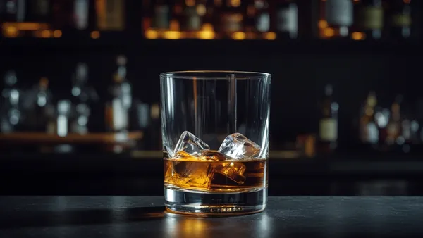 Copo de whisky tombado em fundo escuro